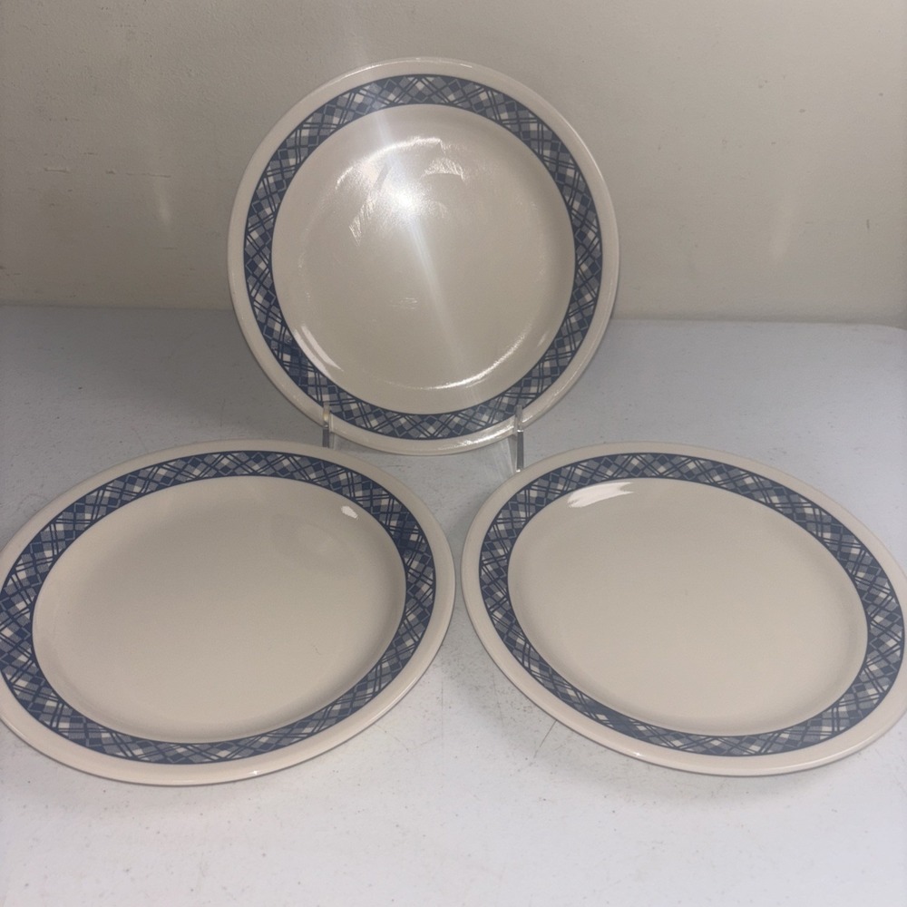 Corelle BLUE PLAID Bread Salad Plates  7 1/4" Sandstone EUC‎ 3pc